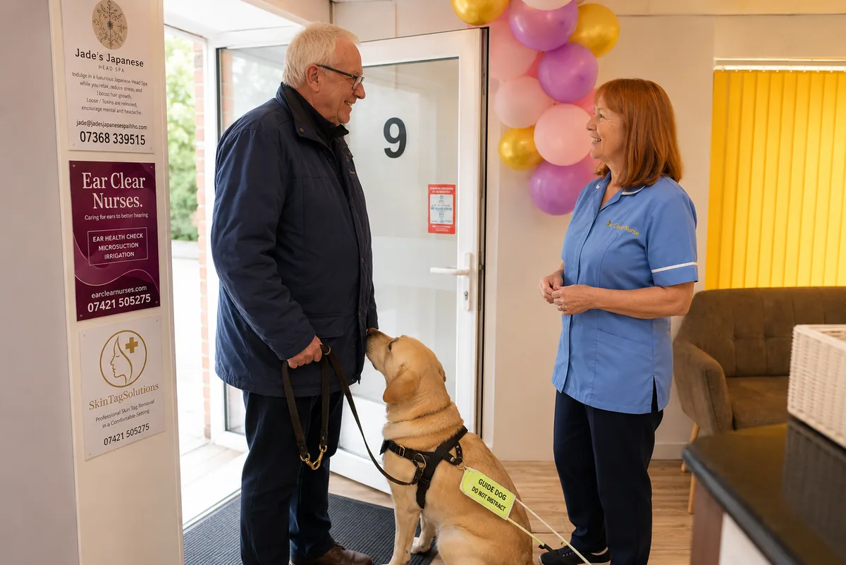 Elderly man with guide dog welcomed by Ear Clear Nurse at the clinic
