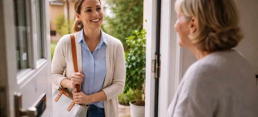 A nurse arriving at a patient’s front door for a home visit